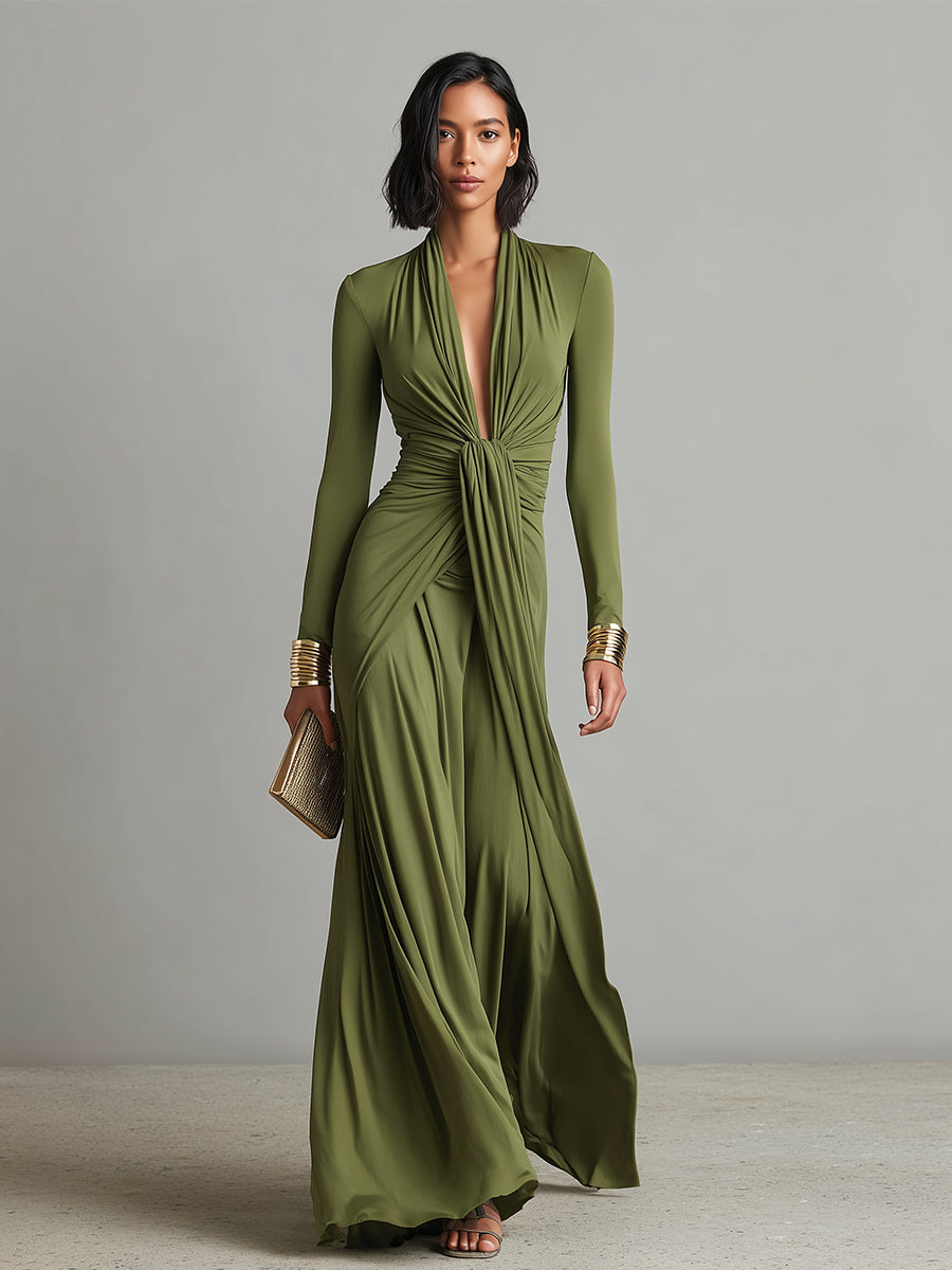 Solène | Robe Maxi en Soie Olive, Profond Décolleté en V