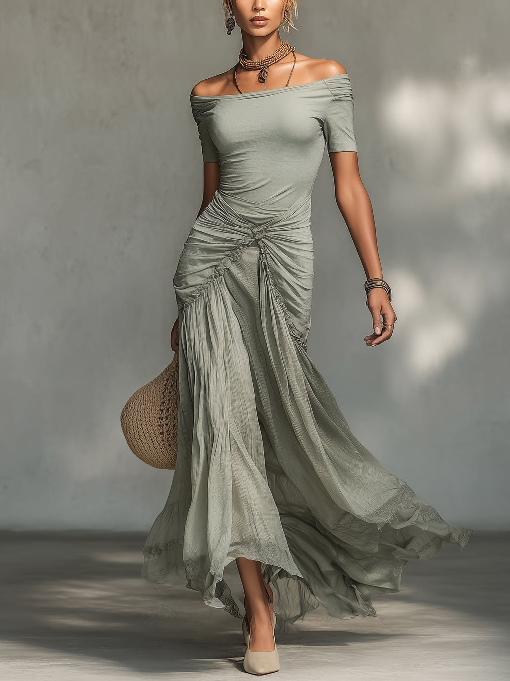 Perle | Robe Maxi Grise en Mousseline Extensible