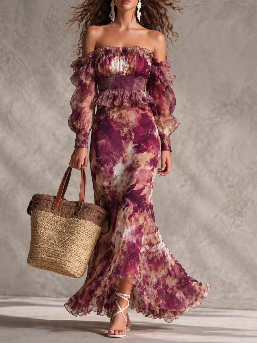 Rosette | Robe Maxi en Mousseline Rose, Épaules Dénudées, Fleurie