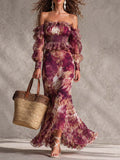 Rosette | Robe Maxi en Mousseline Rose, Épaules Dénudées, Fleurie