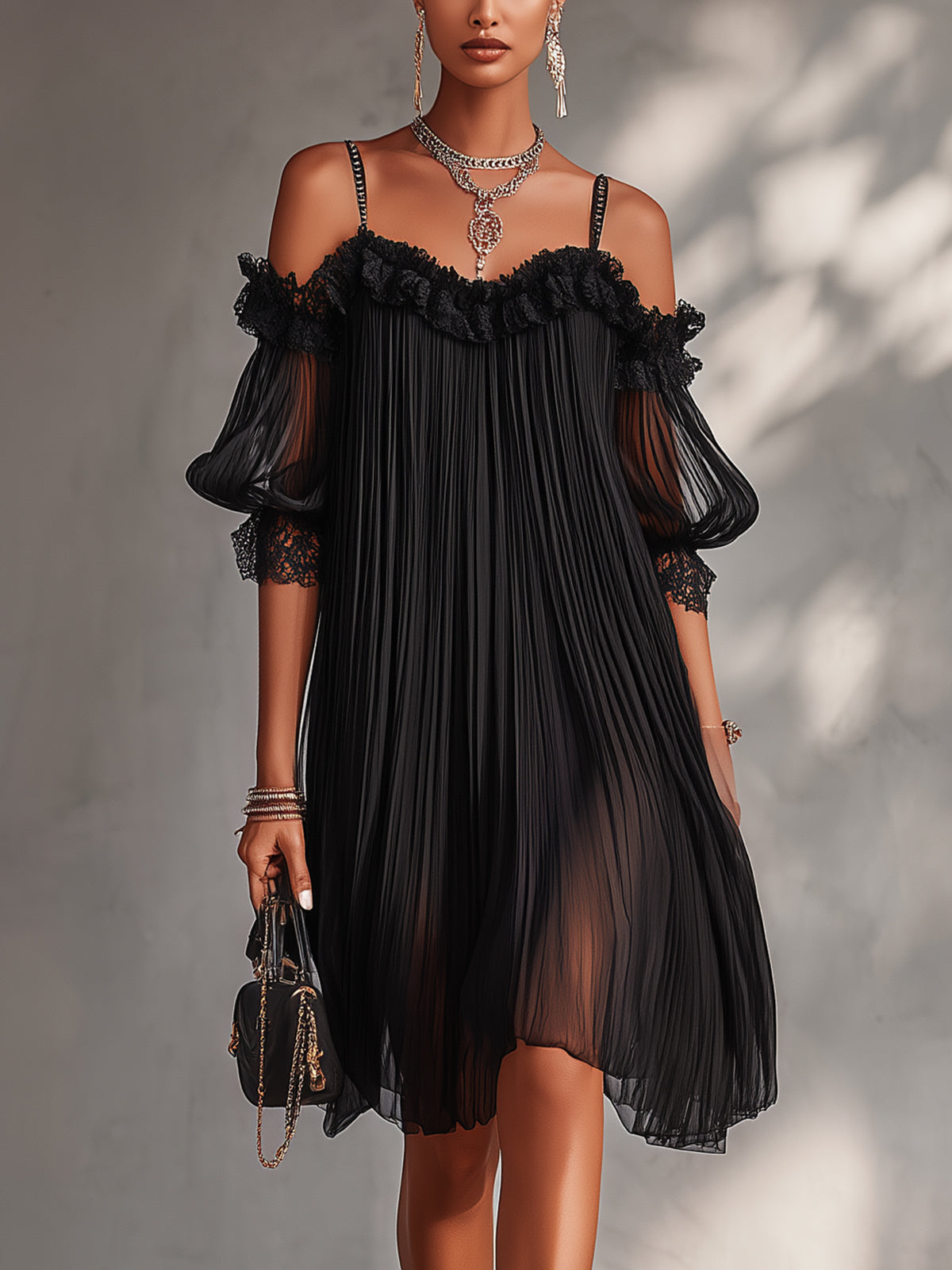 Léonie | Mini Robe Noire, Épaules Dénudées, Bordure en Dentelle