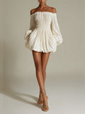 Candide | Mini Robe Blanche Épaules Dénudées, Taille Froncée