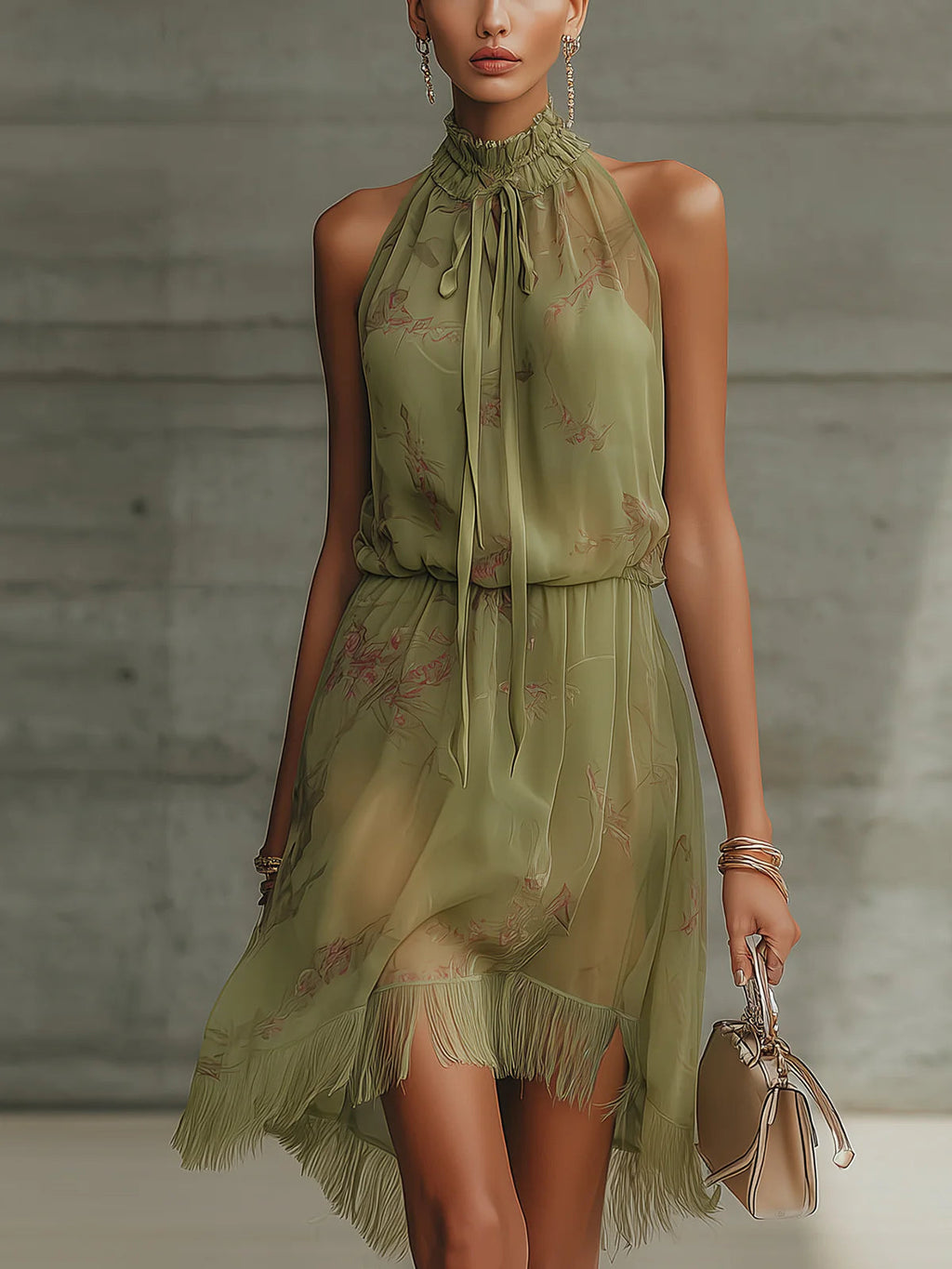 Sylvie | Mini Robe en Mousseline Fleurie Verte, Taille Haute