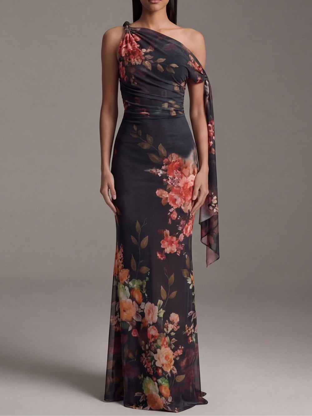 Noémie | Robe Maxi Plissée Imprimée, Épaule Dénudée