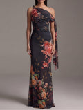 Noémie | Robe Maxi Plissée Imprimée, Épaule Dénudée
