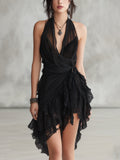 Sélène | Mini Robe Noire, Col Halter en Dentelle et Volants