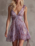 Violette | Mini Robe en Mousseline à Rayures Fleuries Violettes Rétro