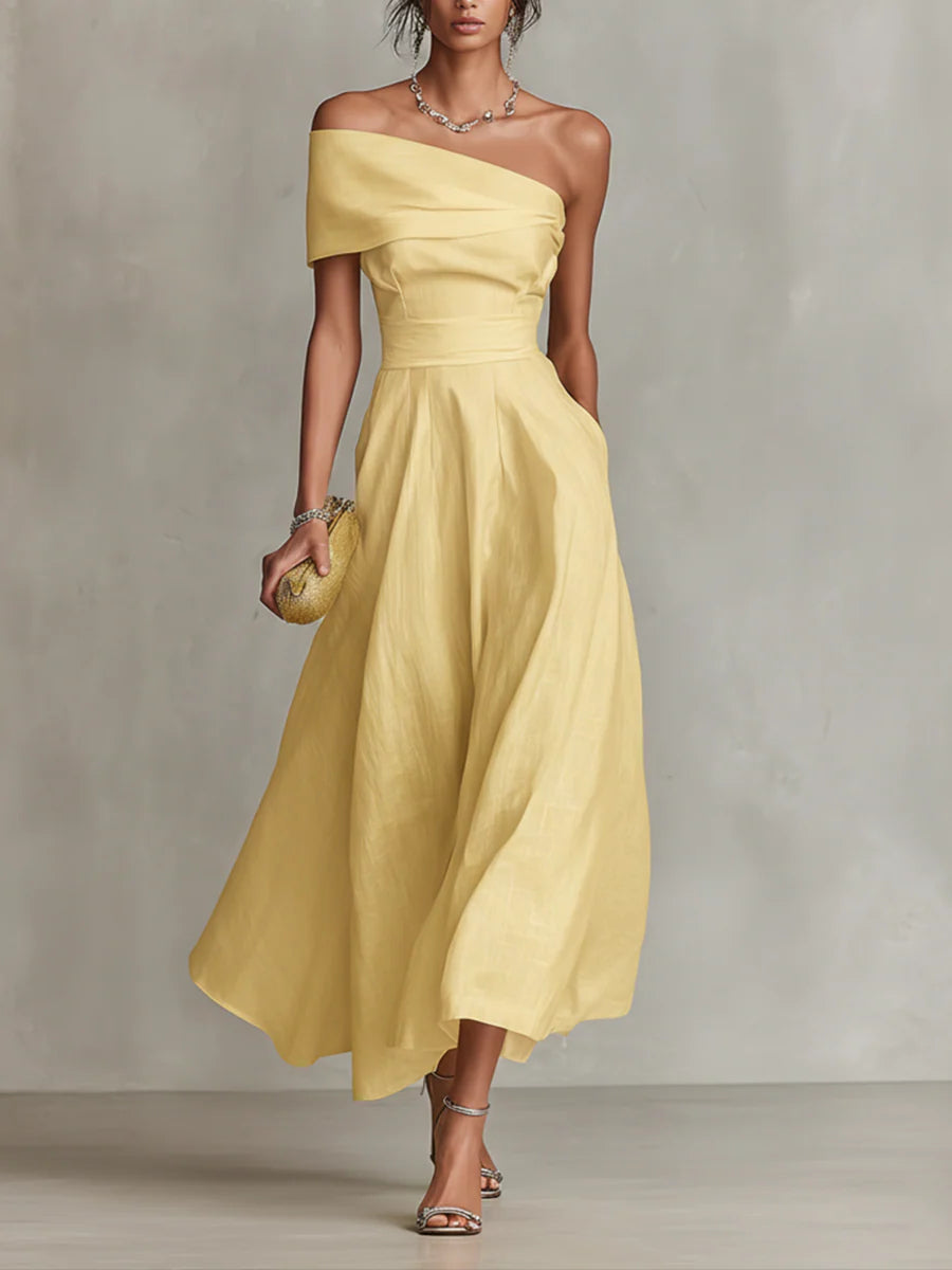 Jonquille | Robe Maxi en Lin, Une Épaule