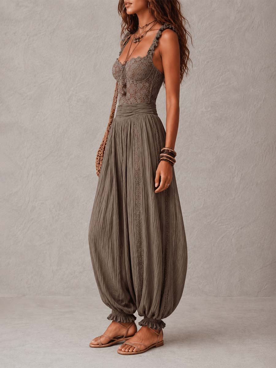 Wanda | Combinaison Bandeau en Dentelle Grise et Pantalon Sarouel Plissé