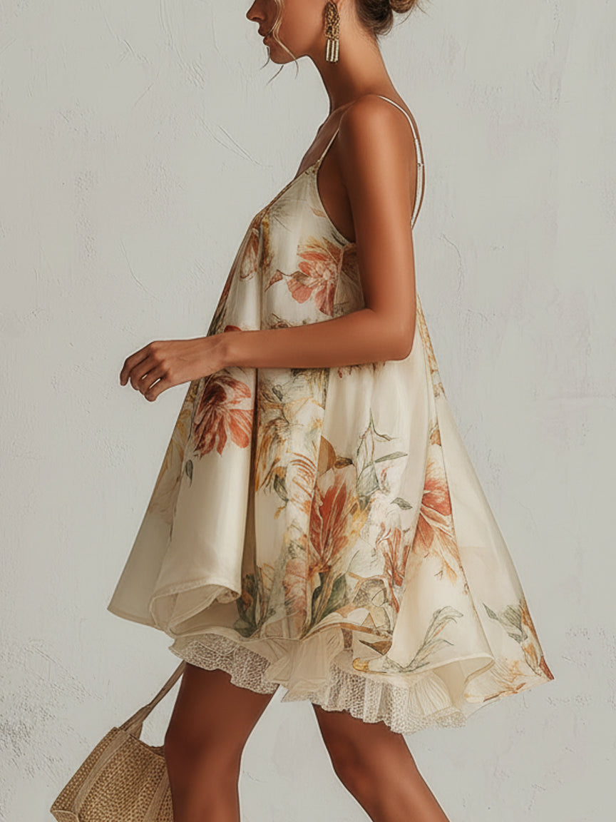 Béatrice | Mini Robe Trapèze en Organza Fleurie Beige, Bordure Dentelle