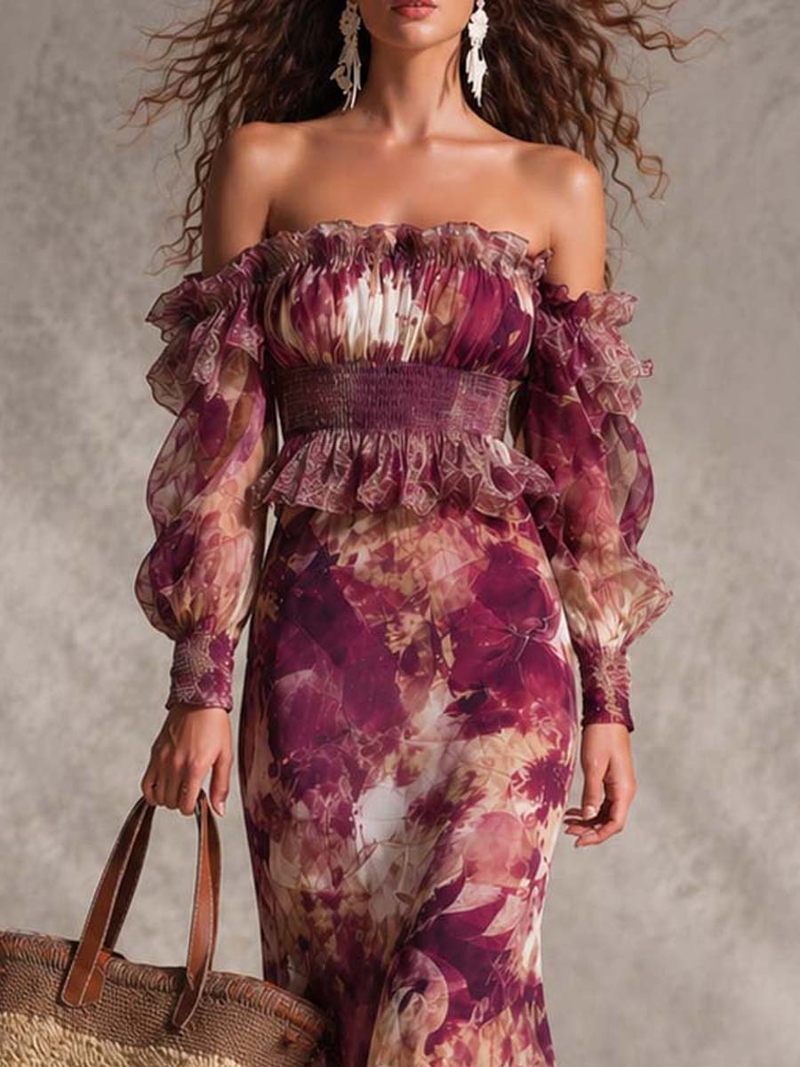 Françoise | Robe maxi en mousseline rose à imprimé floral et épaules dénudées