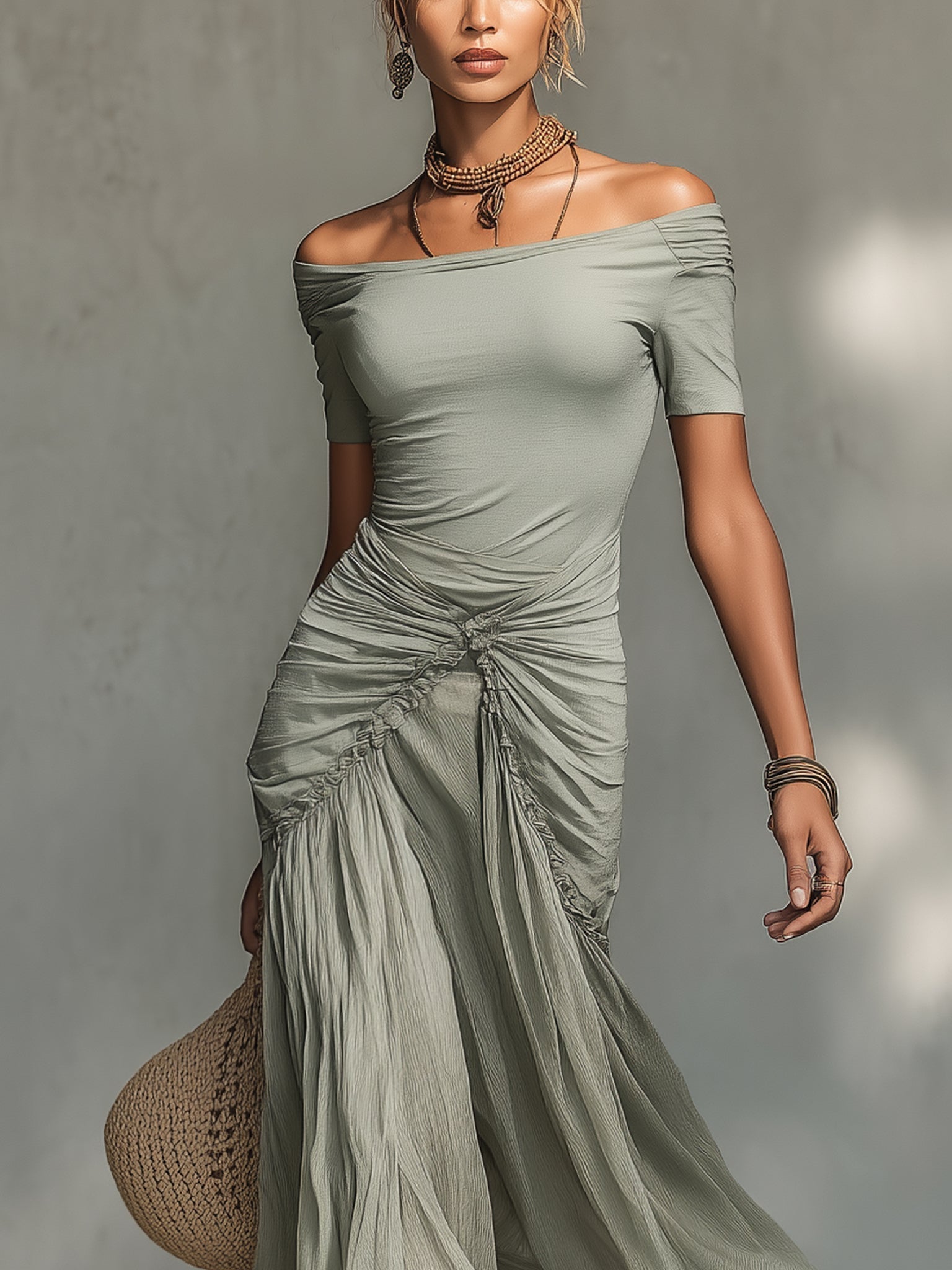 Perle | Robe Maxi Grise en Mousseline Extensible