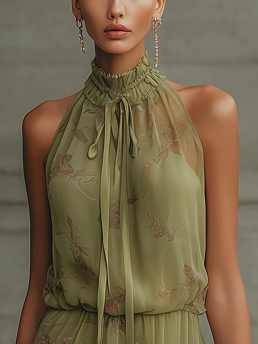 Sylvie | Mini Robe en Mousseline Fleurie Verte, Taille Haute