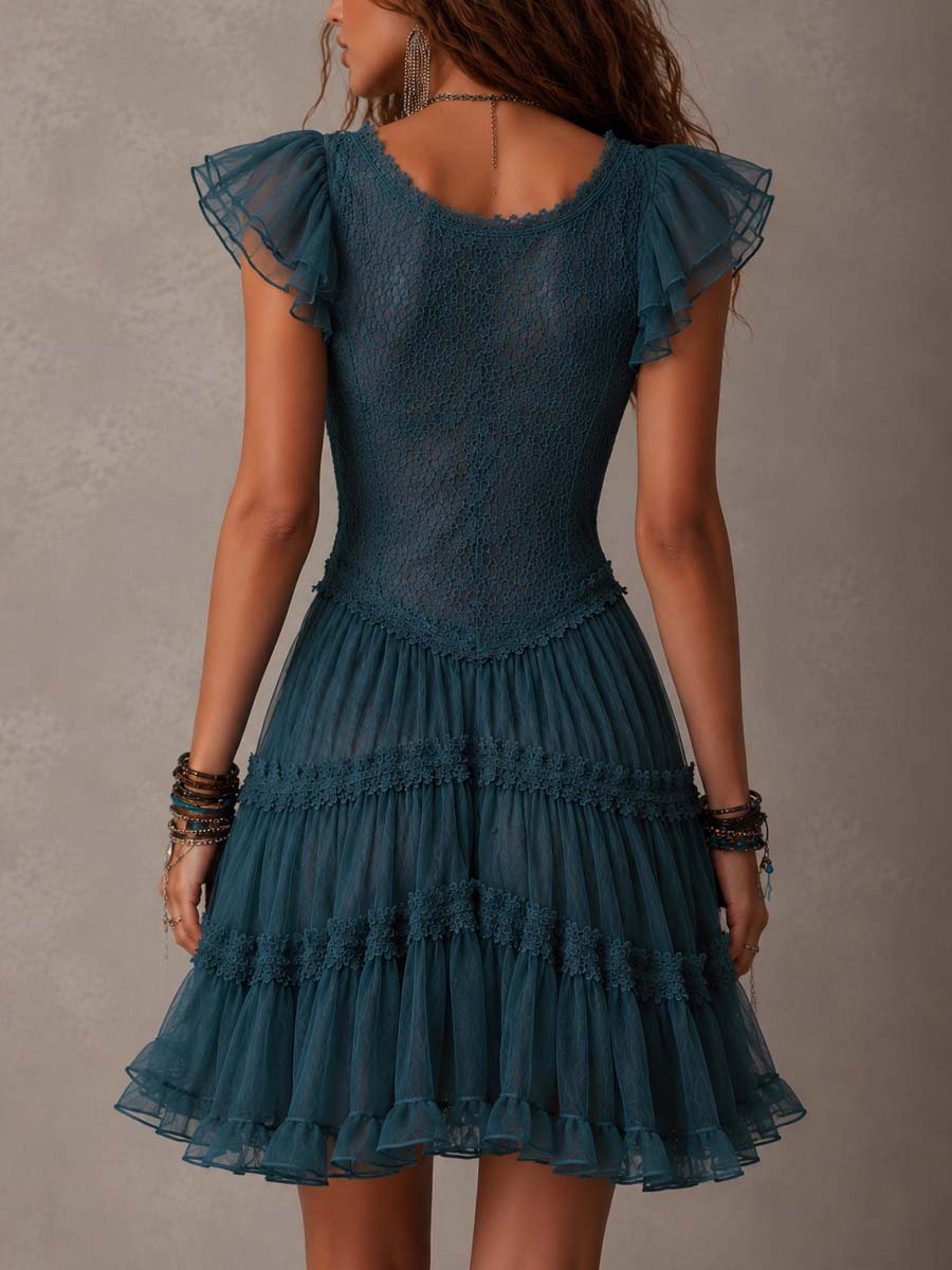 Azurine | Mini Robe à Volants en Dentelle Bleue Rétro et Mousseline