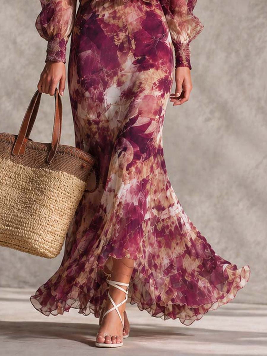 Rosine | Robe Maxi Épaules Dénudées Rose Antique, Motif Floral
