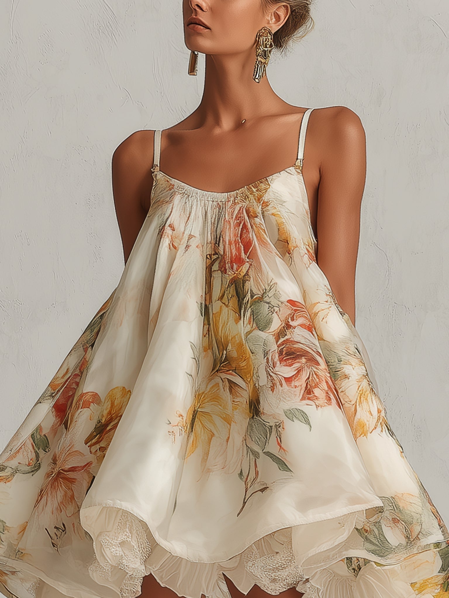 Béatrice | Mini Robe Trapèze en Organza Fleurie Beige, Bordure Dentelle