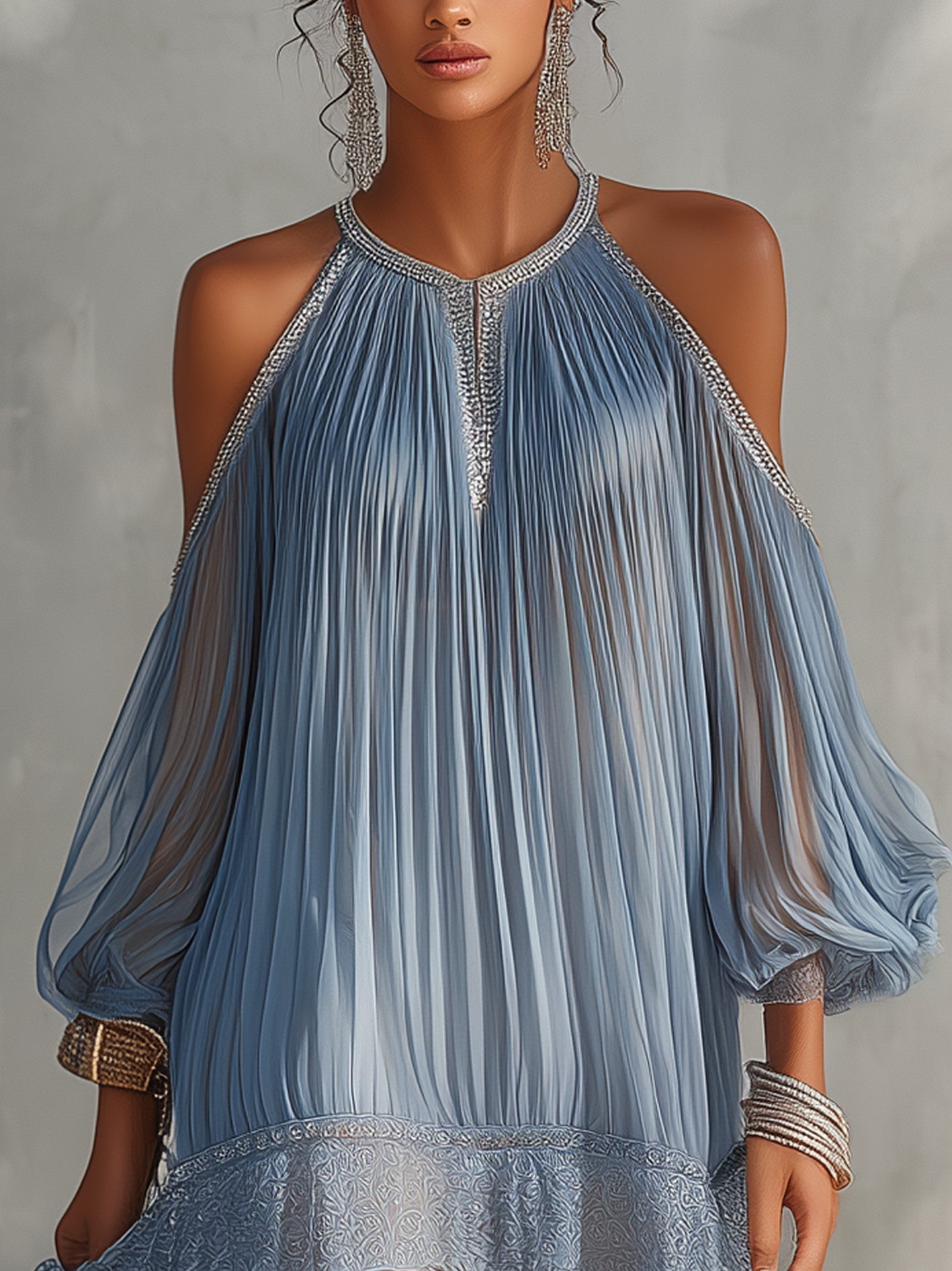 Bleuette | Mini Robe Froncée Bleue, Épaules Dénudées, Ourlet en Dentelle