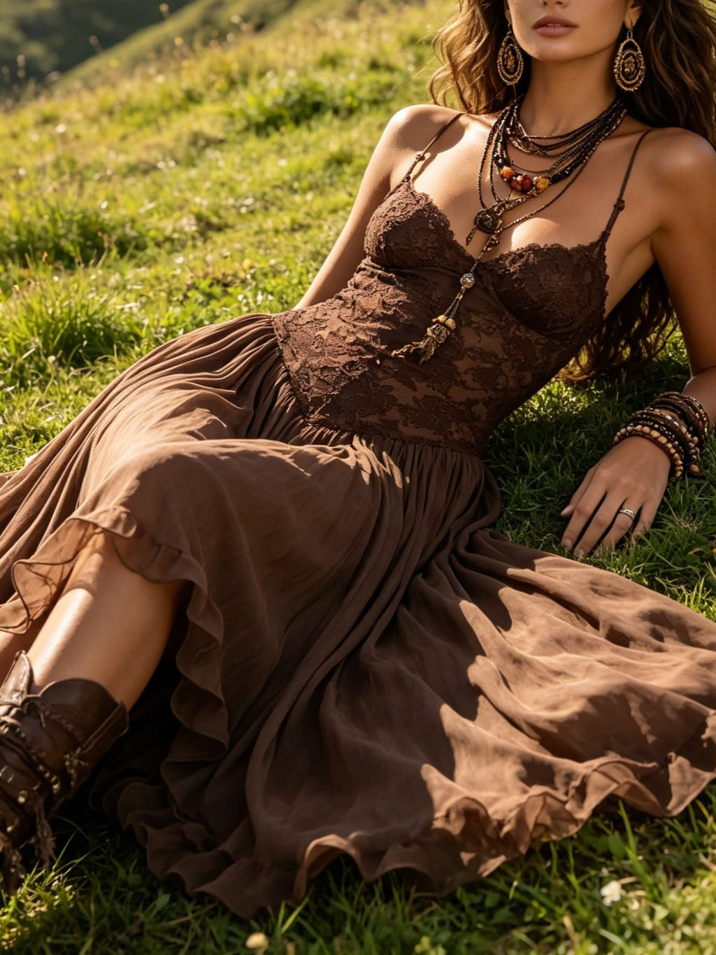 Rosaline | Robe Maxi en Dentelle Brune