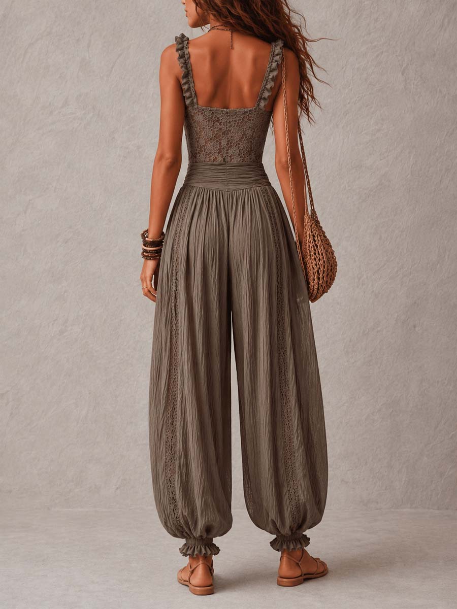 Wanda | Combinaison Dentelle Grise, Bandeau, Pantalon Sarouel Plissé
