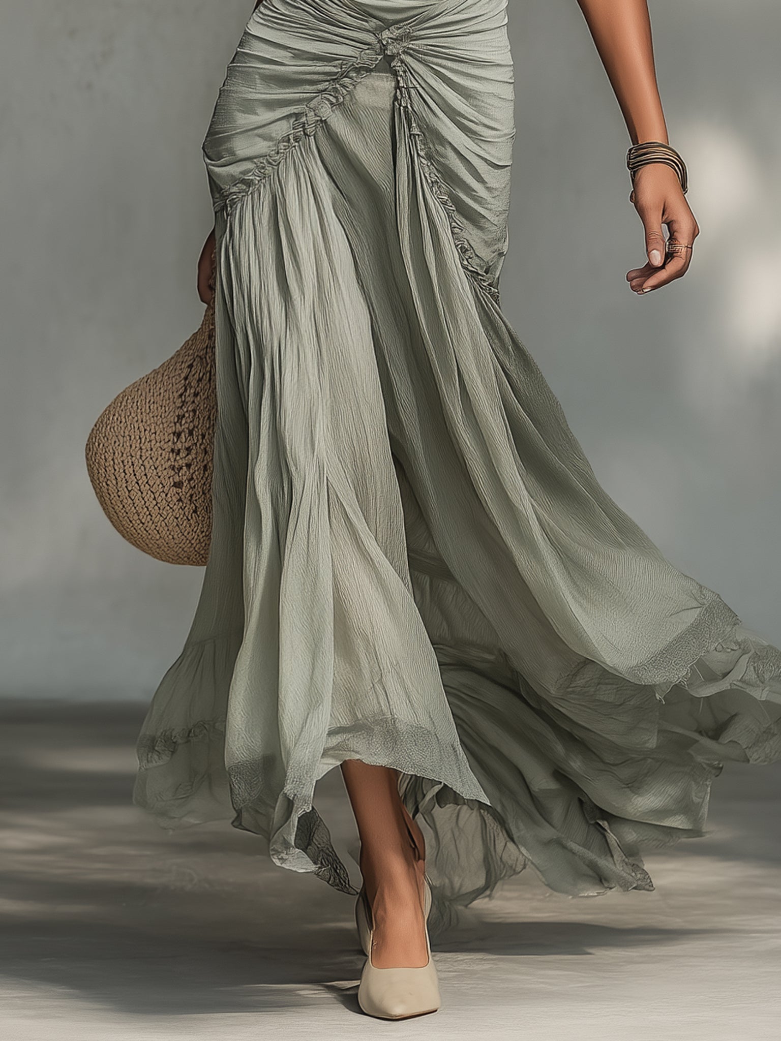 Perle | Robe Maxi Grise en Mousseline Extensible
