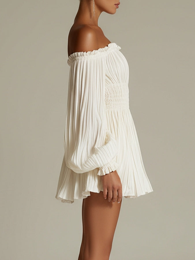 Candide | Mini Robe Blanche Épaules Dénudées, Taille Froncée