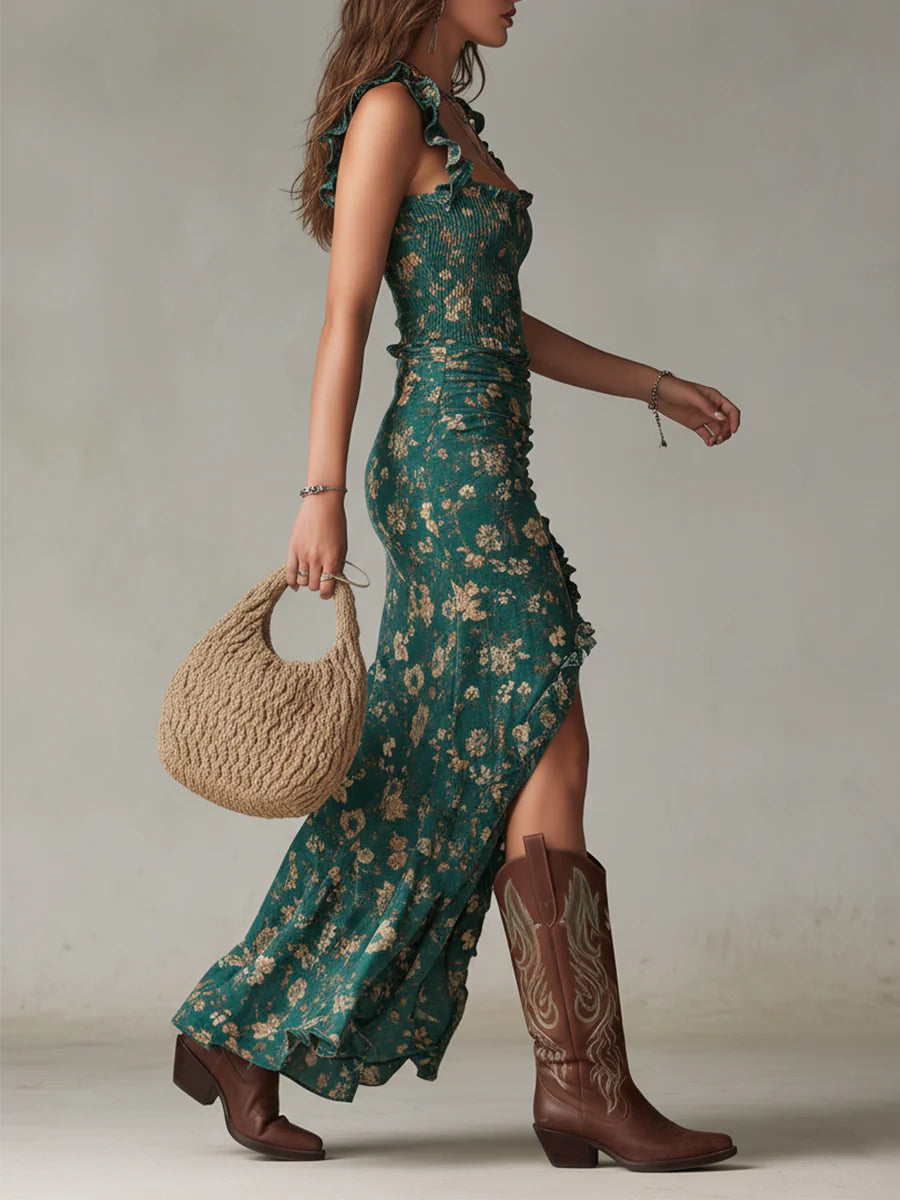 Mélodie™ | Robe Maxi Imprimée Verte Bohème, Manches à Volants