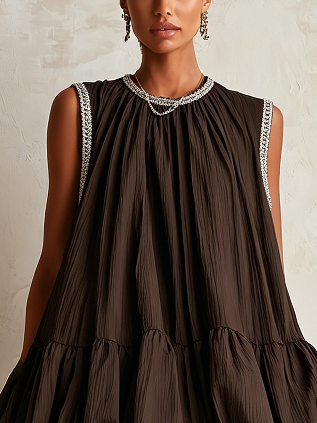 Colette | Mini Robe Sans Manches Marron à Ourlet Bouffant