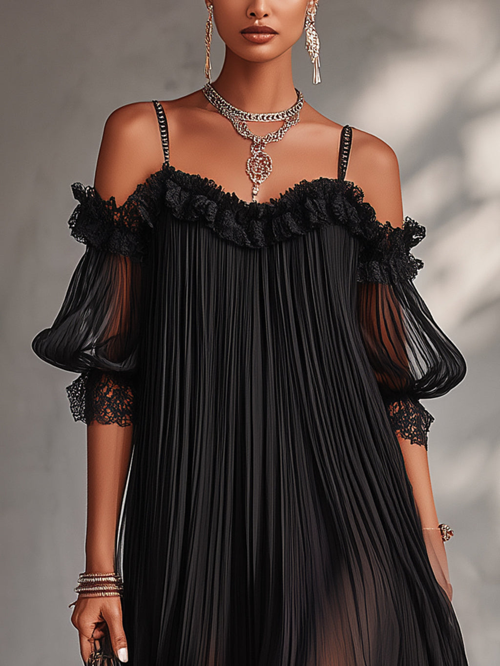 Léonie | Mini Robe Noire, Épaules Dénudées, Bordure en Dentelle