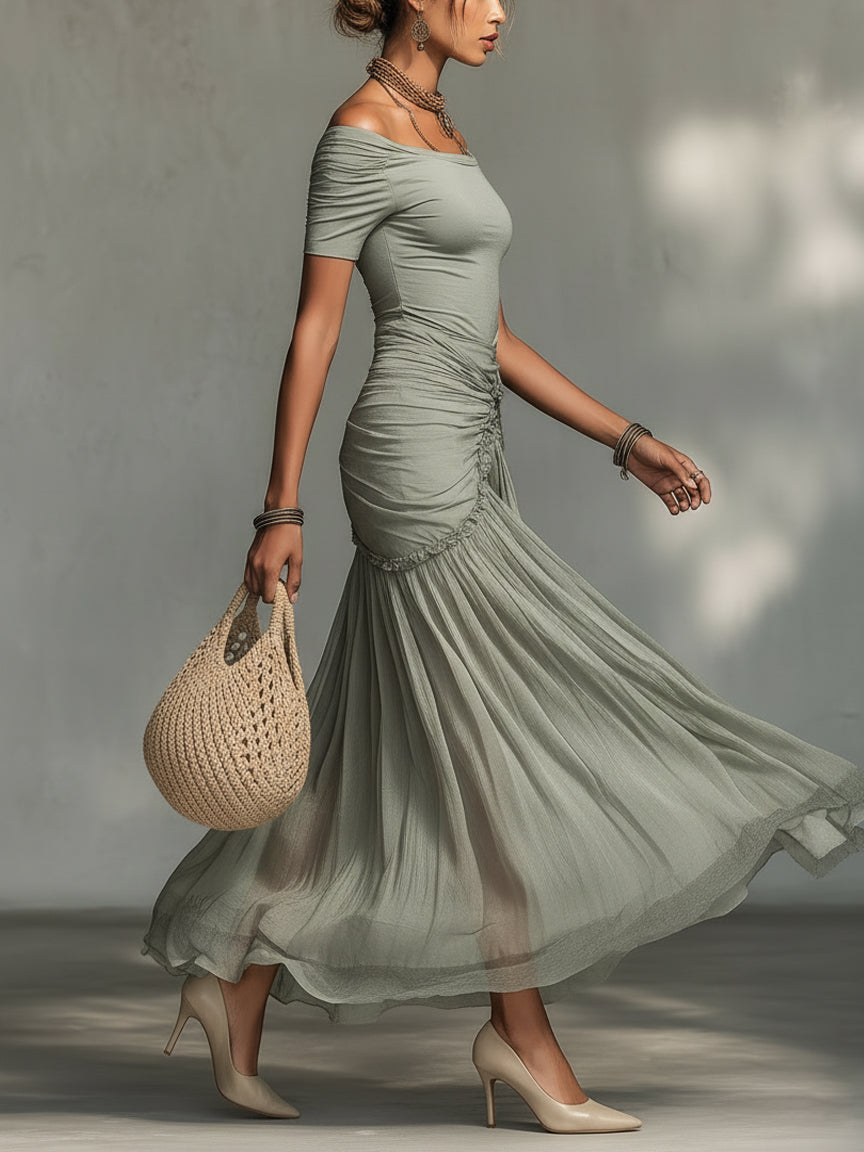 Perle | Robe Maxi Grise en Mousseline Extensible