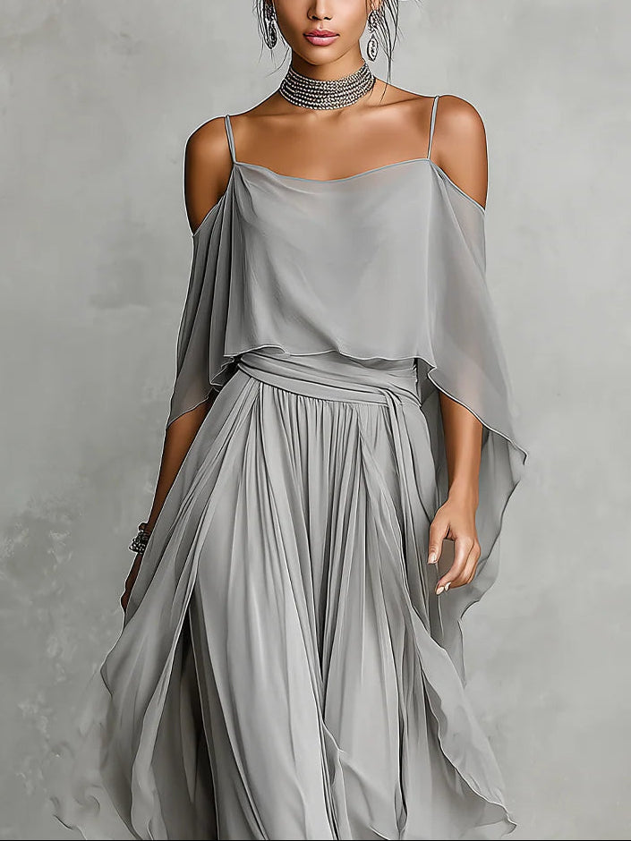 Perle | Ensemble en Mousseline Grise, Haut Fluide Sans Bretelles et Pantalon