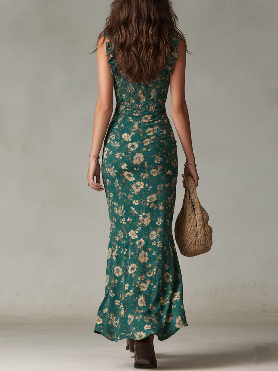 Garance | Robe Maxi Imprimée Verte Bohème, Manches à Volants