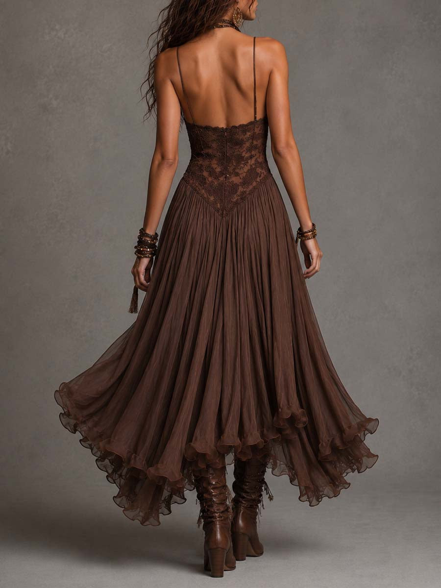 Rosaline | Robe Maxi en Dentelle Brune