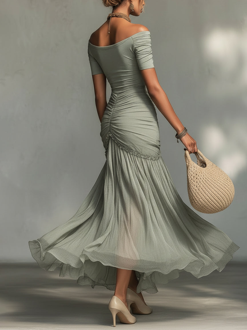 Perle | Robe Maxi Grise en Mousseline Extensible