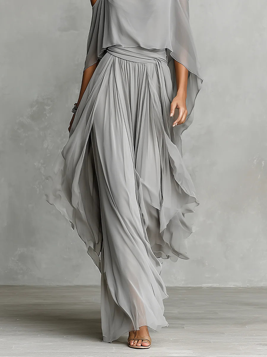Perle | Ensemble en Mousseline Grise, Haut Fluide Sans Bretelles et Pantalon
