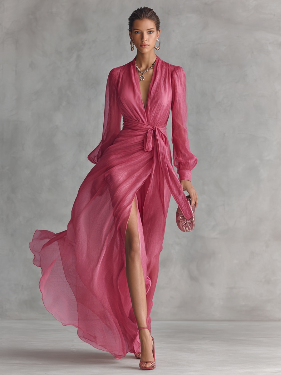 Maylis | Robe Maxi en Mousseline Rose, Col en V