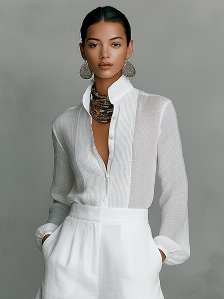 Rozenn | Ensemble Chemise Col Officier et Short en Lin
