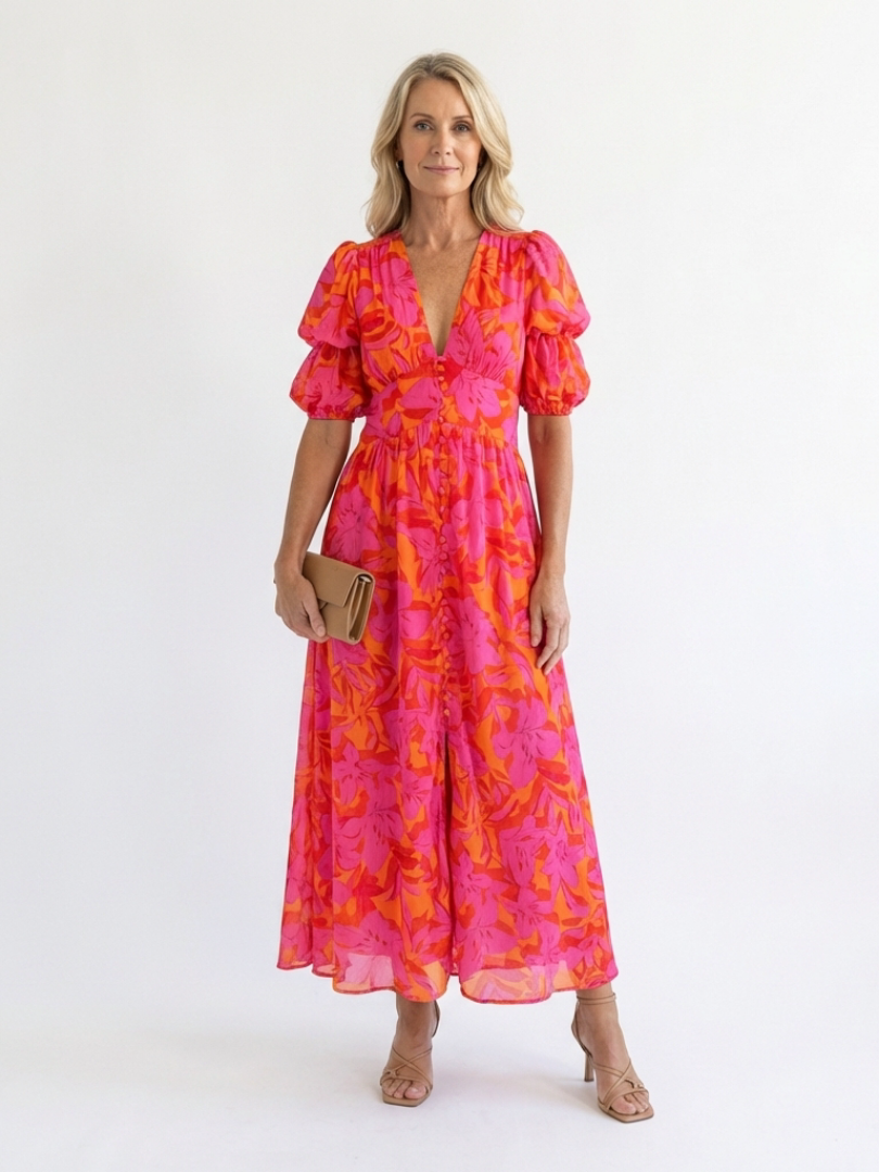 Salomé | Robe midi fleurie à manches bouffantes et col en V
