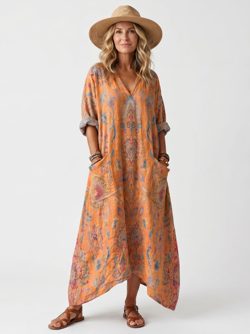 Réjane | Robe Midi Oversize, Col Cranté, Grandes Poches