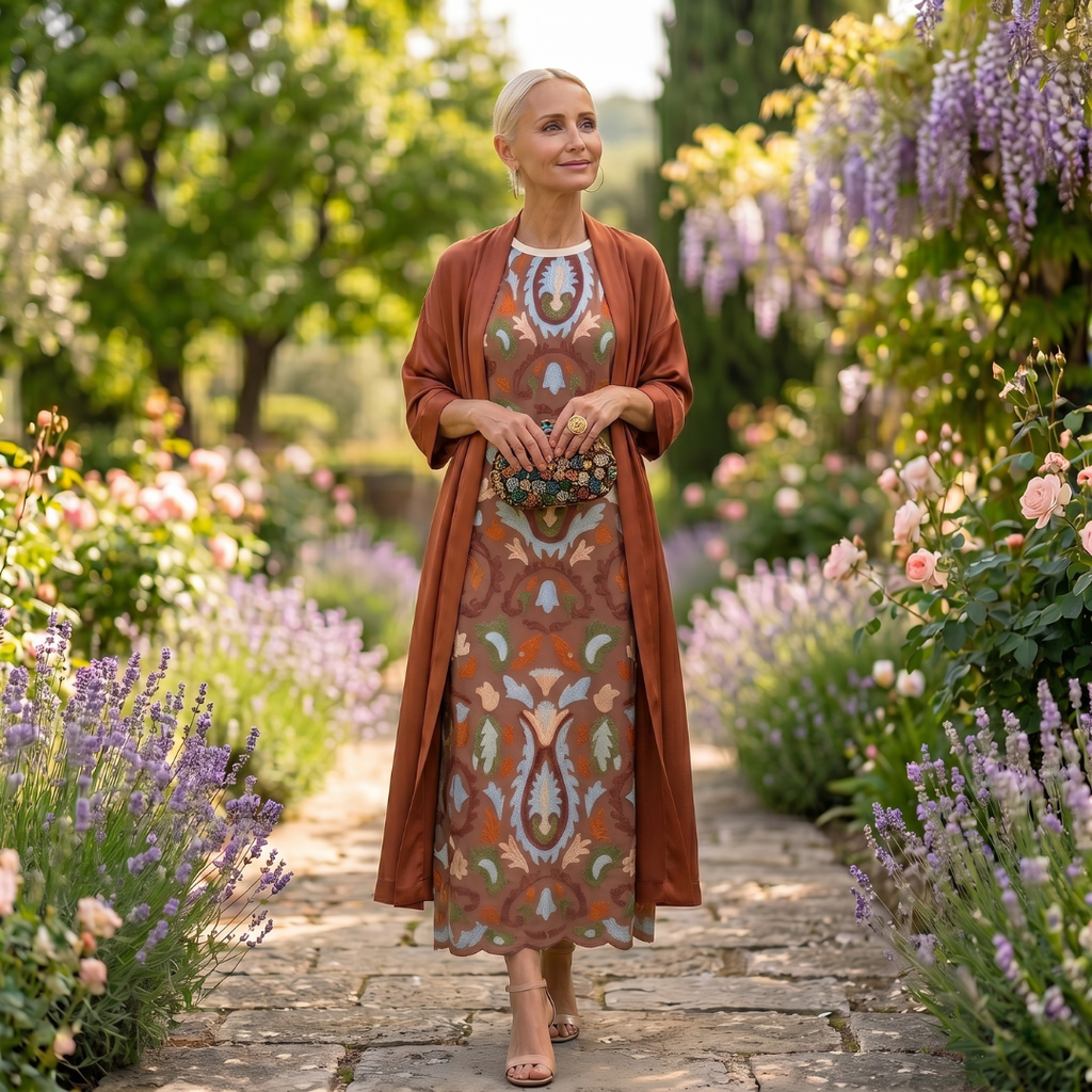 Danielle | Robe longue imprimée et gilet assorti