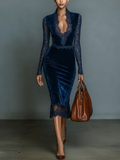 Adrienne | Robe Midi en Velours Bleu Nuit, Col en V, Manches en Dentelle