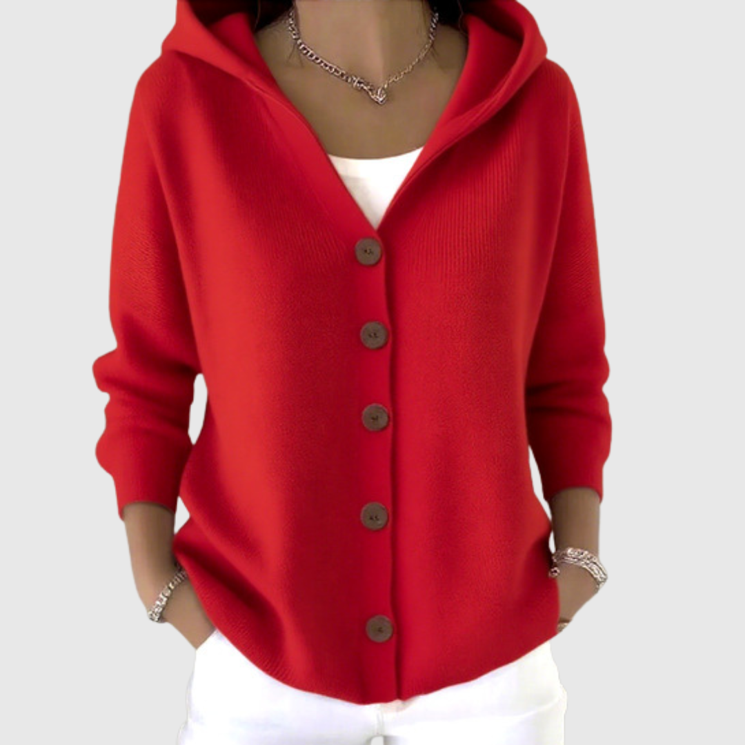 Cardigan Confortevole con Cappuccio in Maglia