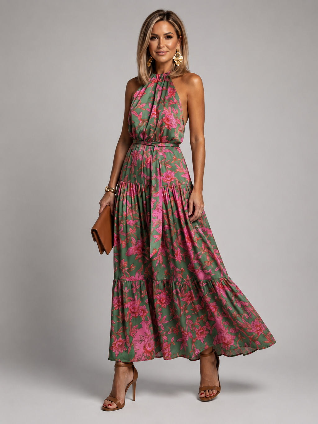 Éliane | Robe Midi Drapée, Col Halter