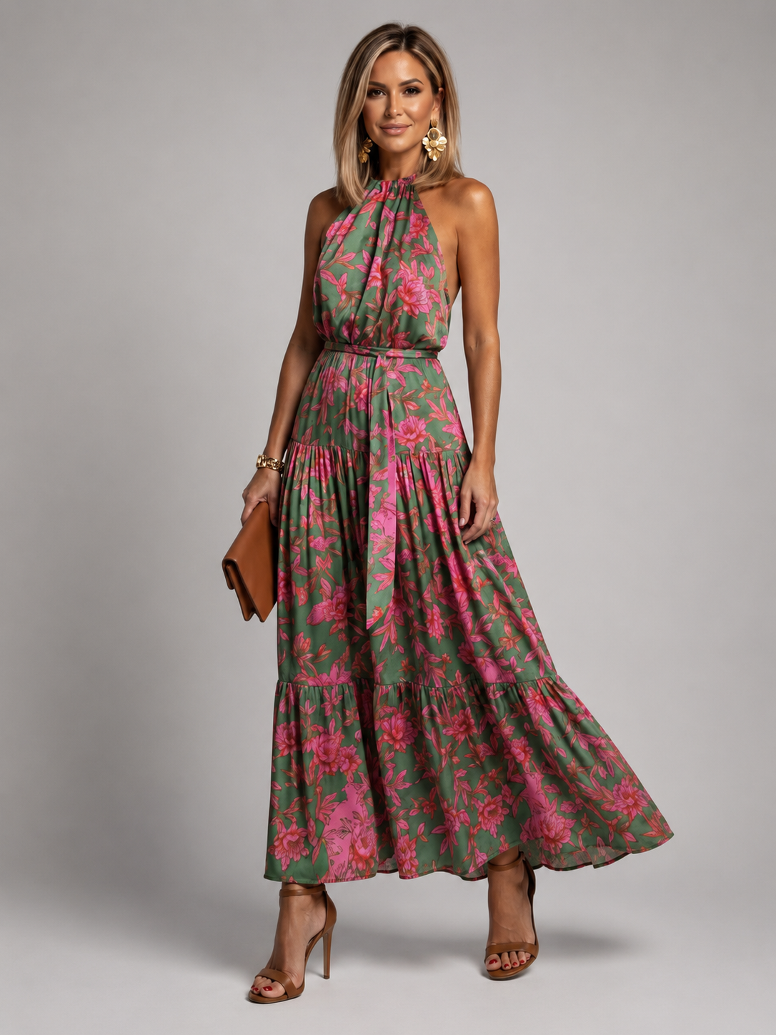 Éliane | Robe Midi Drapée, Col Halter