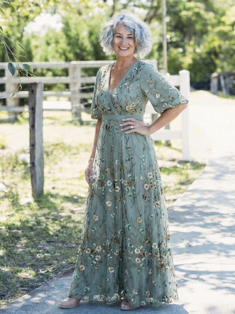 Émilie | Robe Maxi Fleurie, Manches Courtes