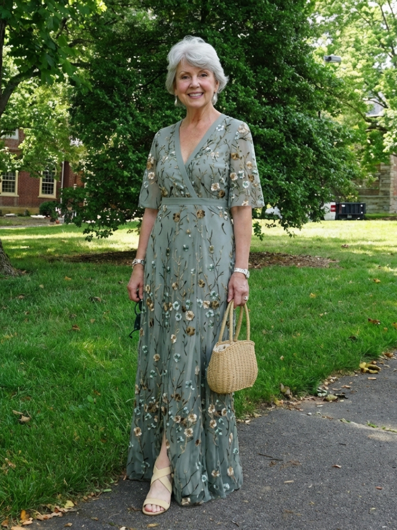 Émilie | Robe Maxi Fleurie, Manches Courtes