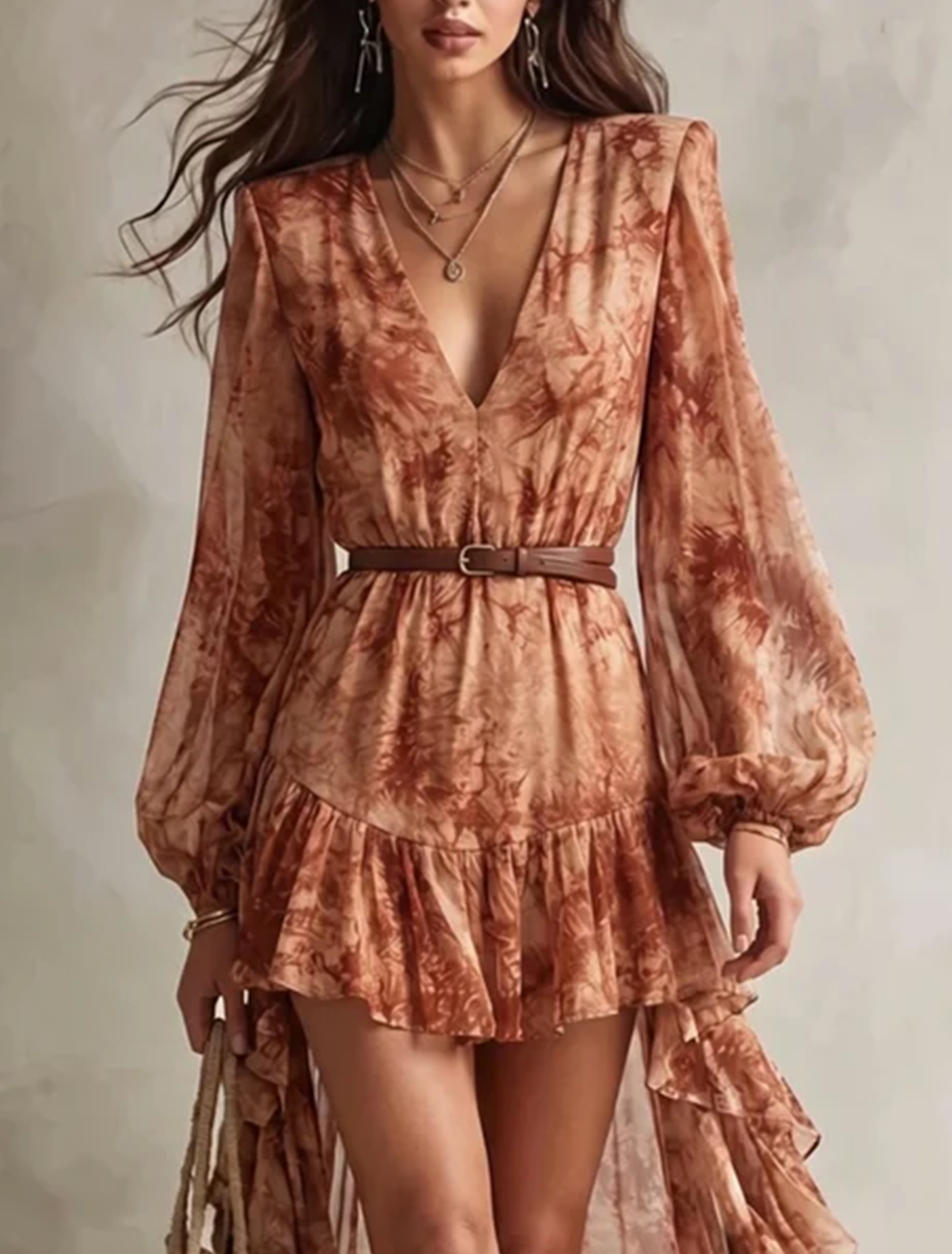 Clémence | Mini Robe Manches Longues, Col en V, Imprimé Floral Terracotta