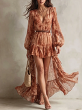 Clémence | Mini Robe Manches Longues, Col en V, Imprimé Floral Terracotta