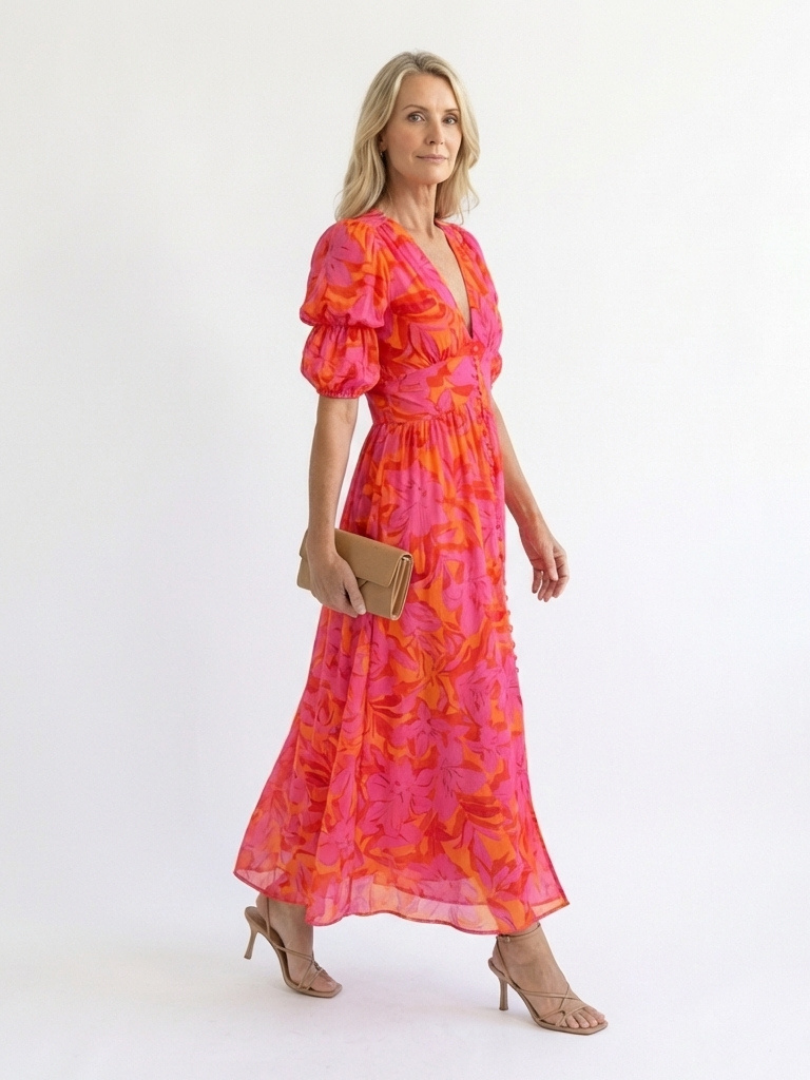 Salomé | Robe midi fleurie à manches bouffantes et col en V