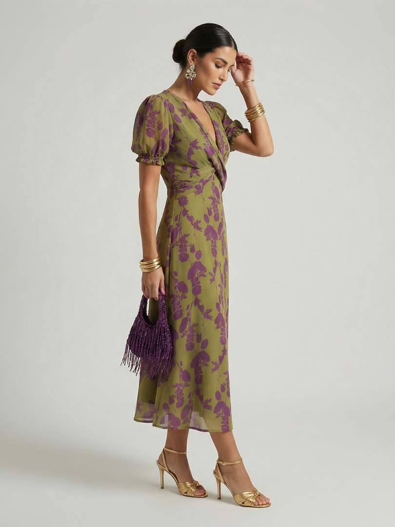 Viviane | Robe Midi Fleurie Portefeuille
