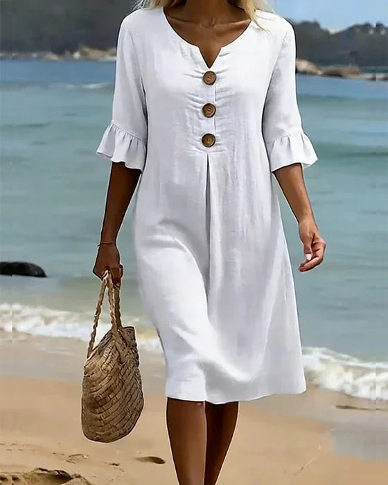 Monique | Robe boutonnée en aspect lin à manches bouffantes